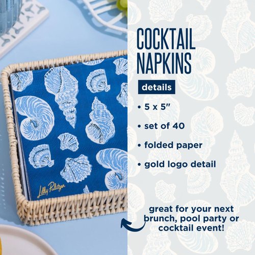 Lilly Pulitzer Disposable Decorative Paper Cocktail Napkins, Napkin Holder Refill with 40 Napkins, Shell of a Good Time