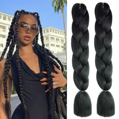 Braiding Hair Extensions 24 Inch, Kanekalon Jumbo Braid, High Temperature Synthetic Fiber Hair Extensions for Box Braids Braiding Hair (2 PCS/Lot, Black Color)