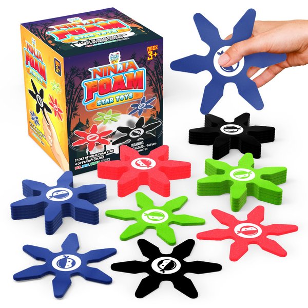 PICK A TOY Ninja Foam Star Toys Small Throwing Foam Stars Foam Throwing Toys Ninja Party Favors for Birthday Party Costume Accessory Stocking Stuffers Cosplay, 4 Inch(24 Pcs, Blue, Red, Black, Green)