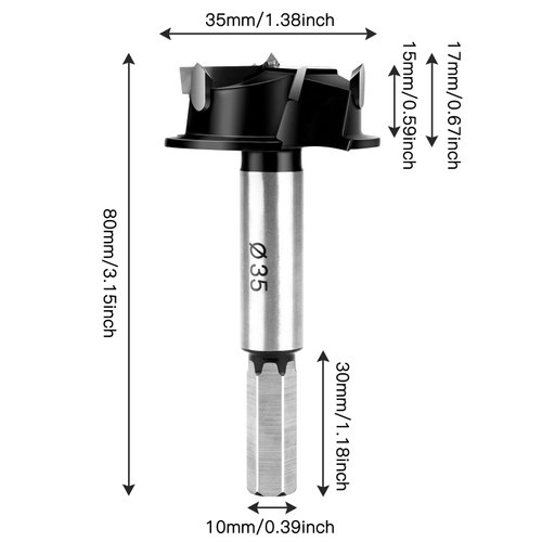 CVIUYO 1-3/8Inch Forstner Drill Bit, Hinge Jig Drill Kitchen Cupboard/Hinge Cup Drilling Hole Saw Cutter, Carbide Tipped Forstner Bit for Hard Wood, Wood Drilling Hole Saw (35MM)