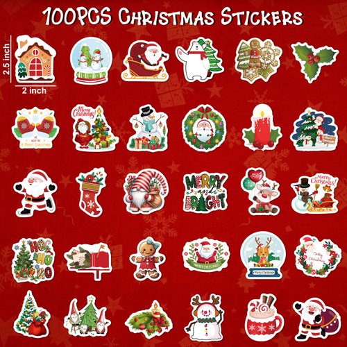ADLONY 100PCS Christmas Stickers for Kids,Vinyl Christmas Stickers for Water Bottles Skateboard Laptop,Waterproof Non-Repeating Holiday Stickers for Kids Classroom Christmas Party Favors Gifts