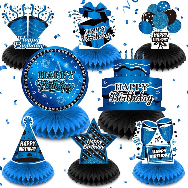 8Pcs Blue Birthday Decorations Blue and Black Happy Birthday Table Honeycomb Centerpieces for Table Decor Birthday Table Topper for Men Boys Women Girls Her Him Birthday Anniversary Party Supplies