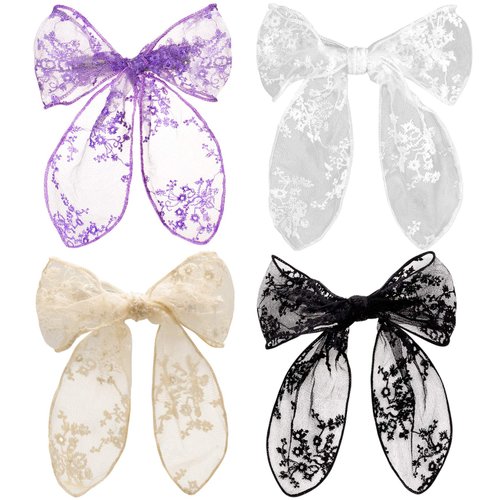 PAGOW 4pcs Lace Bow Hair Clips, Korean-Style Flower Hair-Bow Barrette Hair Accessories, Handmade Hair Decor For Women Girls （4 Colors: White, Black, Beige, Purple）