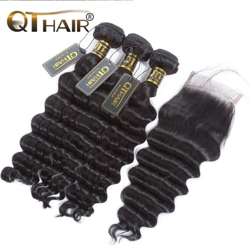 QTHAIR 14a Brazilian Loose Deep Wave Human Hair Wigs Bundles for All Women (18" 20" 22"+16", Bundles with Closure)