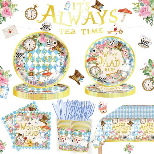 122PCS Wonderland Themed Party Supplies for Girls Kids Birthday Party Decorations Tea Party Disposable Tableware Set Plates Napkin Cups Banner Tablecloth Serves 20 Guests