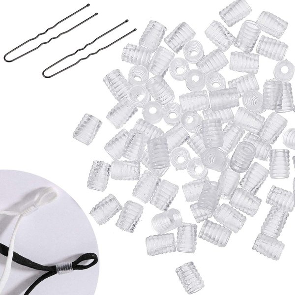 170 PCS Cord Locks Silicone Toggles Elastic Cord Adjuster Non Slip Stopper Adjustable Lanyard Buckle Barrel Connectors for Drawstrings (Transparent),with 2 pcs U-Clips