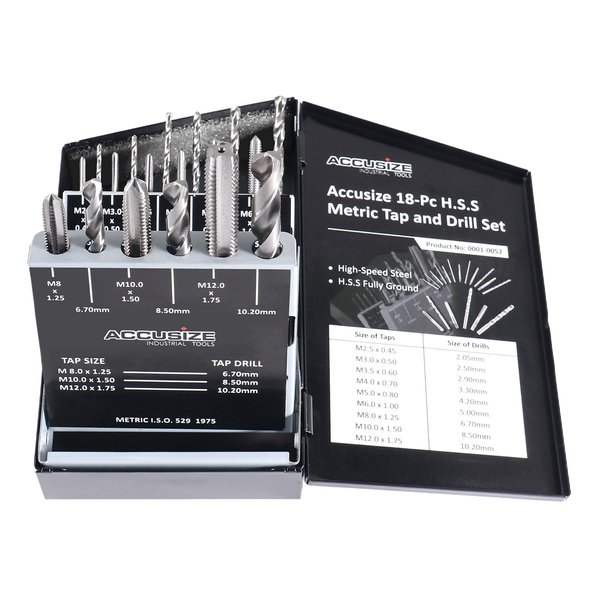 Accusize Industrial Tools 18 Pc Hss Tap and Drill Set, Metric, 0001-0052