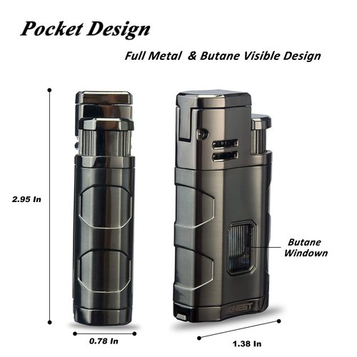 Torch Lighter Triple Jet Flame Refillable Butane Cigar Lighter Windproof Lighter with Cigar Punch Rest Holder - Butane Not Included (Gunmetal)