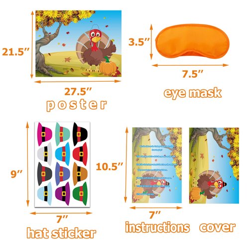 Happy Fall Festival Party Games - Pin The Hat on The Turkey with Reusable Stickers for Kids Birthday Parties