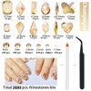 2680Pcs Champagne Gold Nails Rhinestones, 120Pcs Big Golden Nail Charms, Diamond Gems Stones with K9 Bling Flatback Round Beads, Clear Glass Crystal Jewelry for Nails Faces Eyes Makeup Decoration