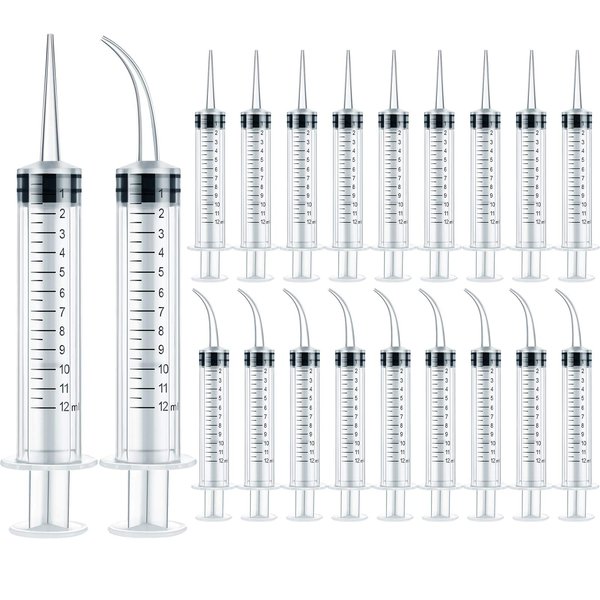 12 ml Plastic Syringes Set, Dental Syringe with Curved Tip and Straight Tip, Disposable Irrigation Syringe Mouthwash Cleaner for Oral Care, Animal Feeding, with Measurement (20 Pieces)