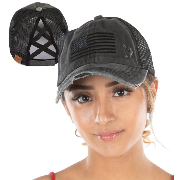 Funky Junque Criss Cross Hat Womens Baseball Cap Distressed Ponytail Messy Bun Trucker Ponycap (American Flag - Black (Distressed) Black Mesh)