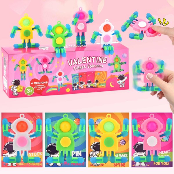 28-Pack Valentine's Day Gifts for Kids – Astronaut Finger Spinners with Cards for Classroom Exchanges, Prizes, and Party Favors for Boys and Girls Fidget Spinners