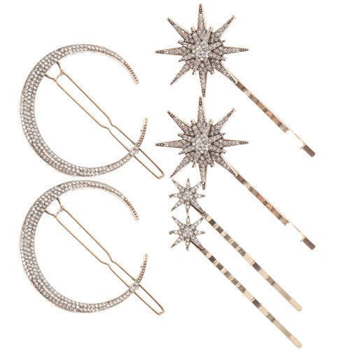 Beaupretty 6 Pieces Stars and Moon Hair Clips, Star Hairpins Rhinestone Star Hairpins Stars Moon Hair Clips Metal Alloy Moon Hairpins Hair Accessories for Women Girls (Gold)