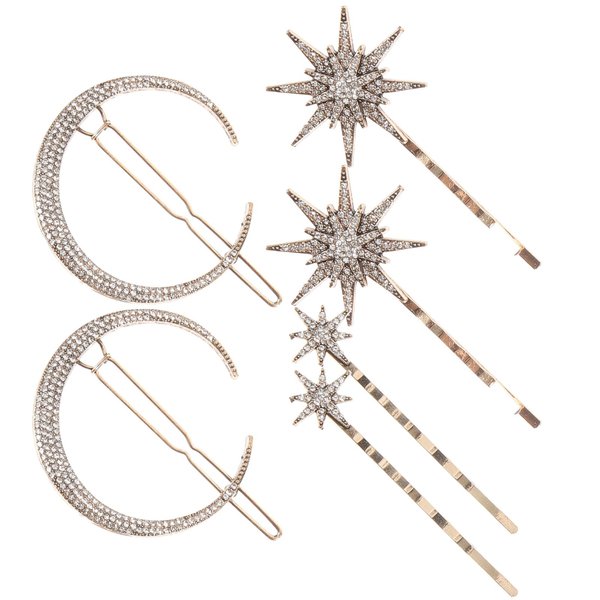 Beaupretty 6 Pieces Stars and Moon Hair Clips, Star Hairpins Rhinestone Star Hairpins Stars Moon Hair Clips Metal Alloy Moon Hairpins Hair Accessories for Women Girls (Gold)