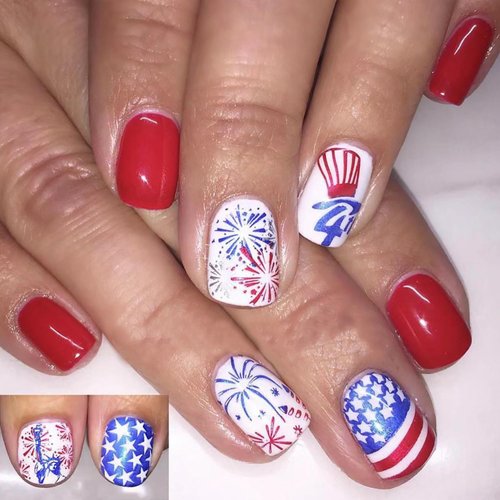 Sutaozhi Short Square Fake Nails 4th of July Press on Nails Independence Day Day False Nails with Fireworks Letter USA Flag Design Patriotic Glue on Nails Red Glossy Acrylic Nails for Women Girl 24Pcs