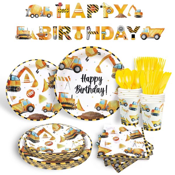 Mivofun Construction Party Supplies with Birthday Banner, 117PCS Excavator Paper Tableware Set Serves 16, Disposable Plates, Napkins, Cups, Cutlery Sets for Kids Boys Dump Truck Theme Party Decoration