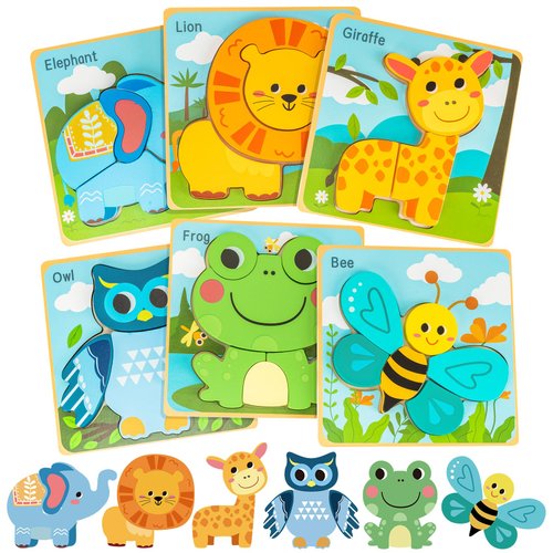 deli Wooden Toddler Puzzles, 6 Pcs Animals Puzzles for Toddler, Montessori Preschool Educational Learning Toys Make a Great Gifts for 1 2 3 4 5 Year Olds
