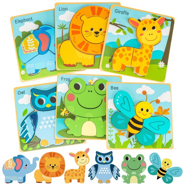 deli Wooden Toddler Puzzles, 6 Pcs Animals Puzzles for Toddler, Montessori Preschool Educational Learning Toys Make a Great Gifts for 1 2 3 4 5 Year Olds