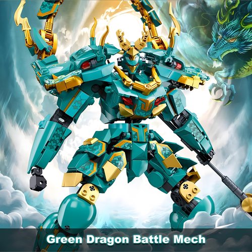 HIGH GODO Mech Robot Building Blocks Set for Adults, Cool Green Dragon Warrior Model Kit with Long Spear Toy Playset, 704 pcs Collectible Mythical Ninja Gifts for Teens Boys Ages 12+