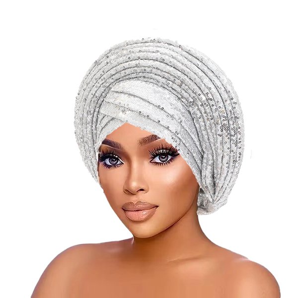 JRZXTWL African Ladies Headscarf Auto Gele Headties Party Headdress Sequins Shiny Baotou Hat(silver)