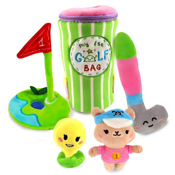 Skywin-My First Golf Bag, Baby Golf Toy, 6 ct Developmental and Sensory Baby Golf Set Inc Plush Golf Club, Ball, Mug, Goal, Teddy Bear and Bracket