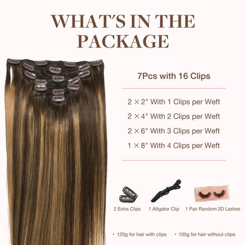 GOO GOO Clip in Hair Extensions Real Human Hair, 14inch 85g 7Pcs, 4/27/4 Balayage Chocolate Brown to Caramel Blonde, Remy Human Hair Extensions Clip ins for Women, Natural Human Hair