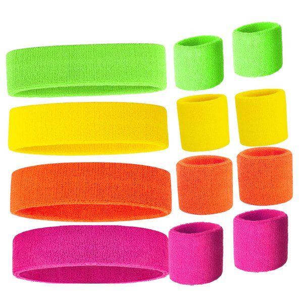 Neon Sweatbands Set Includes Pink, Yellow, Green and Orange Headband and Wristbands, Sweat Bands Headbands for Women with Matching Wristbands, Sweatbands for Women for Halloween Costumes 80s