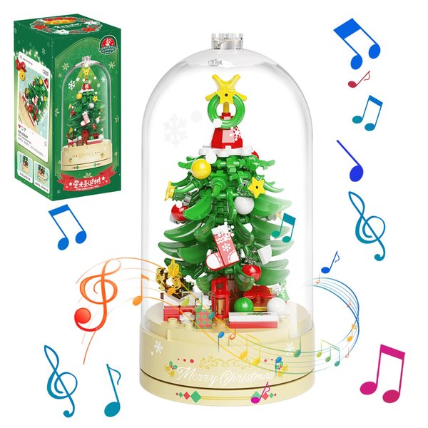 MEIEST Christmas Tree Building Blocks Music Box Set with Dust-Proof Dome,Xmas Holiday Construction Toy Gift,Home Decor (Starlight Christmas Tree)