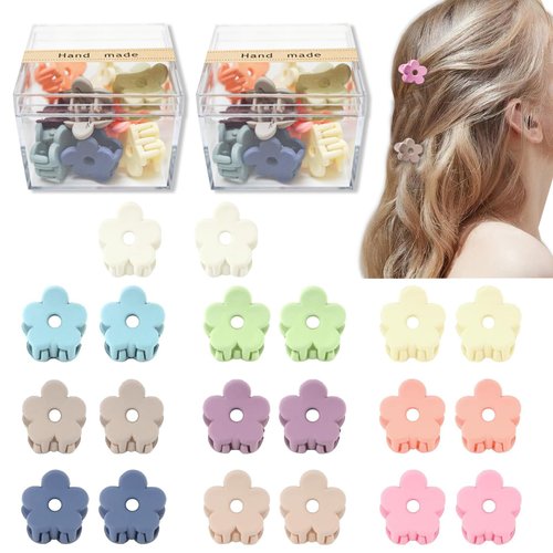 20Pcs Mini Flower Hair Clips for Girls, CYHYII Women Colorful Small Flower Hair Pins Cute Non Slip Hair Claw Hair Barrettes with Box for Toddler Baby Teens Thin Thick Hair Accessories Decorations