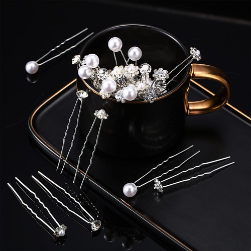 40 Pieces Pearl Hair Pins Wedding Bridal Hair Pins Rhinestone Flower Hair Pins U Shaped Hair Crystal Pins Metal Silver Pearl Bobby Pins Hair Jewelry Accessories for Brides Bridesmaids Thick Long Hair