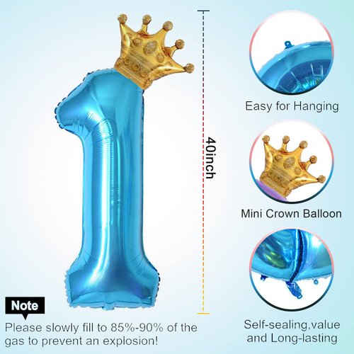 40 Inch Light Blue Number 1 and Mini Crown Balloon for 1st Birthday Party Decorations, Light Blue Birthday Party Balloons Decorations Supplies