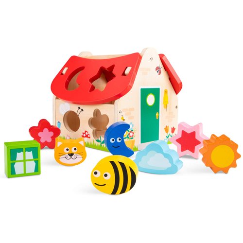 New Classic Toys Wooden Shape Sorter House Educational Toys and Color Perception Toy for Preschool Age Toddlers Boys Girls Multi Color Shape Sorting House