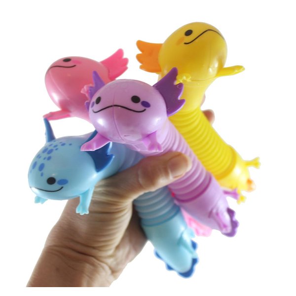 Set of 4 Cute Axolotl Pull and Pop Snap Animal Expanding Flexible Accordion Tube Toy - Free Play - Open Ended Fidget Toy (Set of All 4 Colors)