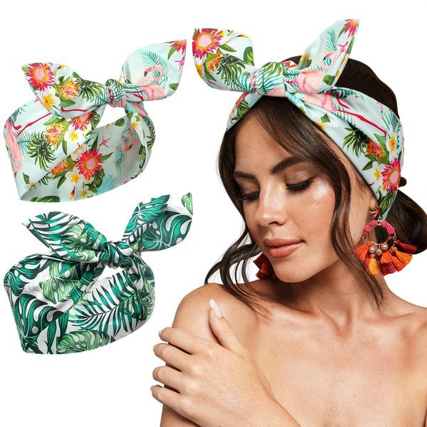 Ceenna 2 Pieces Wire Headbands for Women Rabbit Ears Twist Bow Wire Headband Boho Tropical Print Head Tie Hawaiian Gifts Knot Soft Stretchy Hawaiian Accessories for Women Girls Hair Beach