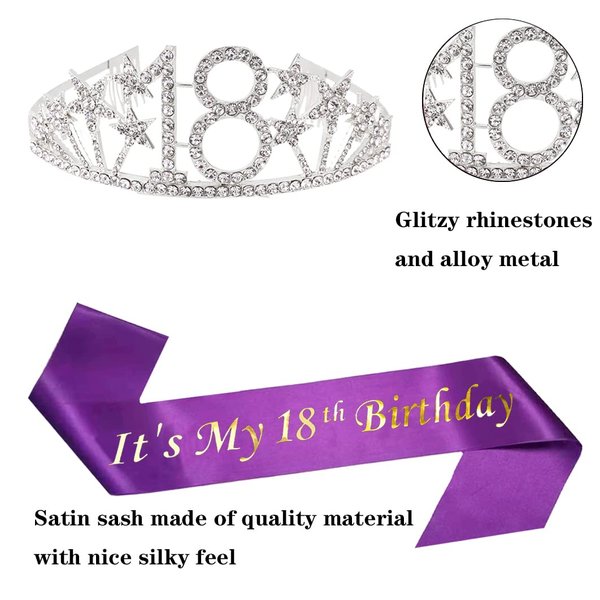 Happy 18th Birthday Tiara and Sash Gifts Crystal Rhinestone Princess Crown Birthday Girl Party Favor Supplies Silver Crowns Purple Sash