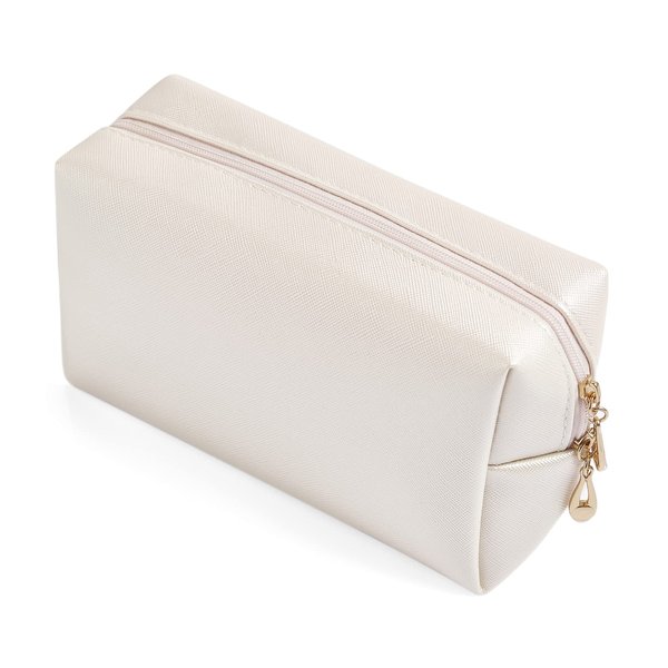 Sohynca PU Leather Cosmetic Bag for Women Minimalism Makeup Bag for Daily Use Portable Storage Purse Small Neat Cosmetic Pouch Water-resistant Toiletry Bag for Travel (Ivory White)