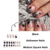 Halloween Press on Nails Short Square Fake Nails with Spider Designs Black Silver Glitter French Tips False Nails Pink Full Cover Glossy Artificial Acrylic Nails Glue on Nails for Women Girls 24Pcs