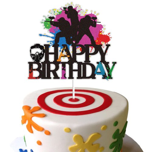 Paintball Happy Birthday Cake Topper Colorful Glitter Splash Shooting Game Themed Party Cake Decorations Paintball Gun Gaming Party Supplies for Men Women