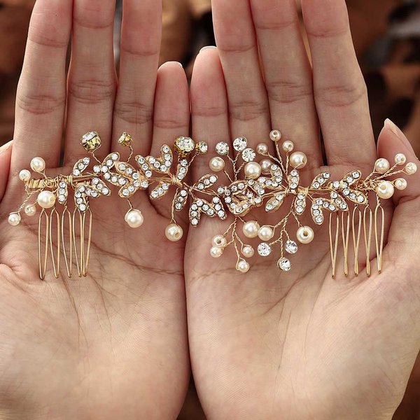 Foyte Crystal Bride Wedding Hair Comb Gold Leaf Bridal Headpieces Rhinestone Flower Hair Vines Pearl Bridesmaid Side Combs Hair Accessories for Women and Girls (Gold)