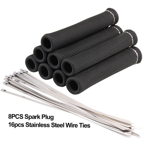 Fuzbaxy 8PCS Spark Plug Wire Boots 6 inches 2500° Heat Shield Protector Sleeve with 16pcs Stainless Steel Wire Ties(Black)