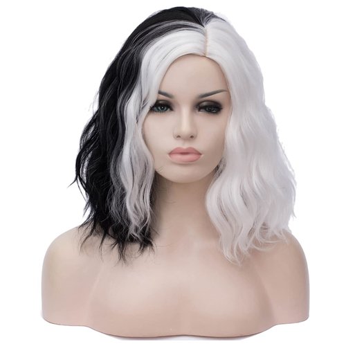 PATTNIUM Black White Wig Short Wavy Wig Black and White Wig Women Girls Two Color Wig Shoulder Length Rose Net Curly Two Tone Wig Heat Resistant Synthetic Cosplay Party Costume Wig (Black and White)