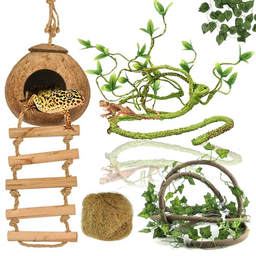RUNANIA Crested Gecko Tank Accessories, Reptile Vines and Plants Coco Hut Coconut Shell with Ladder Hideout Cave Habitat Decor for Climbing Lizard Leopard Gecko Tortoise Amphibians Hermit Crab