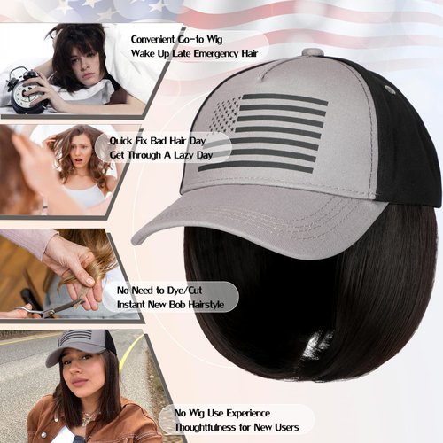 Qlenkay American Flag Hat Wig USA Flag Adjustable Baseball Cap Attached with 14" Hair Extensions Straight Bob Synthetic Hairpiece for Women Dark Brown