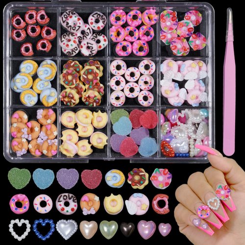 Assorted 3D Candy Nail Charms, Lollipop Donuts Nail Charms, Color Heart Pearls Candy 3D Nail Art, Assorted Cute Nail Charms for Nail Art DIY Decorations Design with Pickup Tools