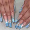 Blue Press on Nails Long Coffin Fake Nails Little Bear Heart With Rhinestones Design Acrylic Nail Charms Medium Coffin False Nails for Women and Girls Nails Art Daily Wear