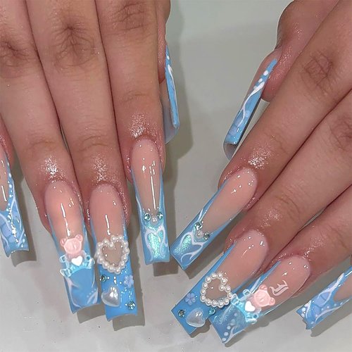Blue Press on Nails Long Coffin Fake Nails Little Bear Heart With Rhinestones Design Acrylic Nail Charms Medium Coffin False Nails for Women and Girls Nails Art Daily Wear