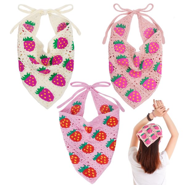 hoyuwak 3pcs Strawberry Crochet Head Scarf Bandanas Headbands Hair Scarf Head Coverings Hair Accessories for Women Girls Hair Styling Valentine's Day Holiday Decor