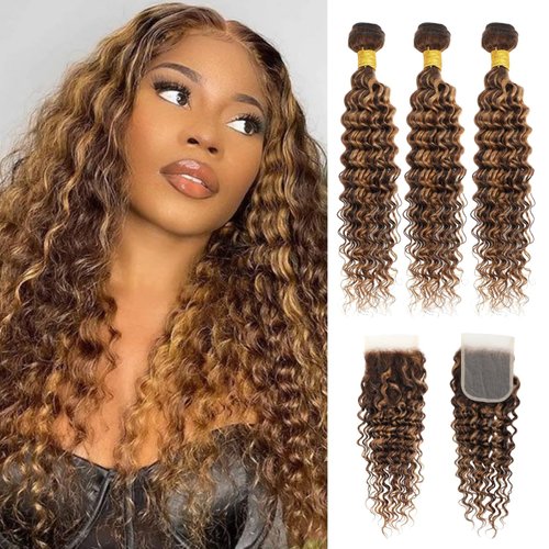 AUROO Honey Blonde Highlight Brazilian Deep Wave Human Hair Bundles with Closure (16 18 20 + 16), 10A Soft Thick Ombre Brown Curly 100% Human Hair Bundle with Free Part HD Transparent Lace 4x4 Closure