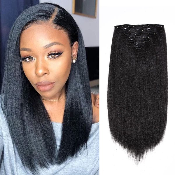 FANCEE Kinky Straight Clip in Hair Extensions for Black Women Full Head Yaki Straight Clip Ins Synthetic Hair Extensions (14 inch, Black)